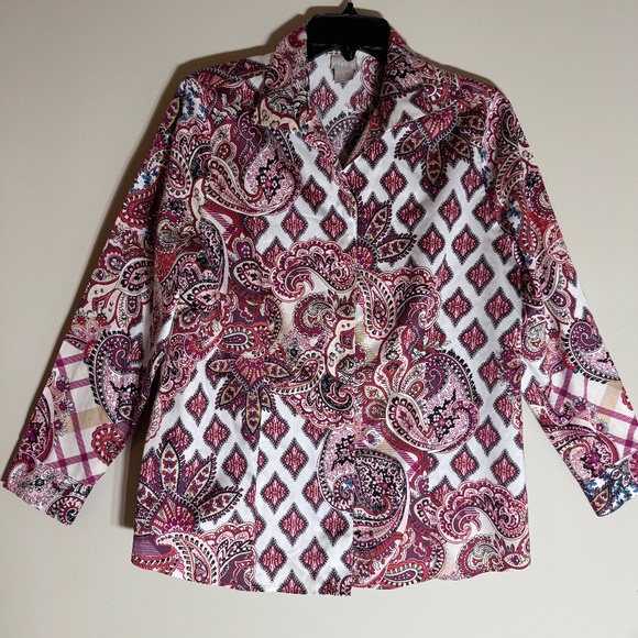 Chico's Tops - CHICO'S WOMEN'S 1 PETITE | 8P BLOUSE RED PURPLE  MIX PRINT WING COLLAR NO IRON